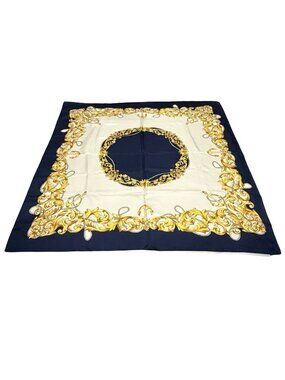 Vintage 34" Navy Gold Baroque Nautical Scarf Square Satin Rope Anchor Scroll Pri